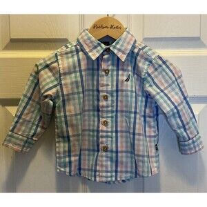 Nautica Infants 12M Pastel Summer Plaid Long Sleeve Button Up Shirt